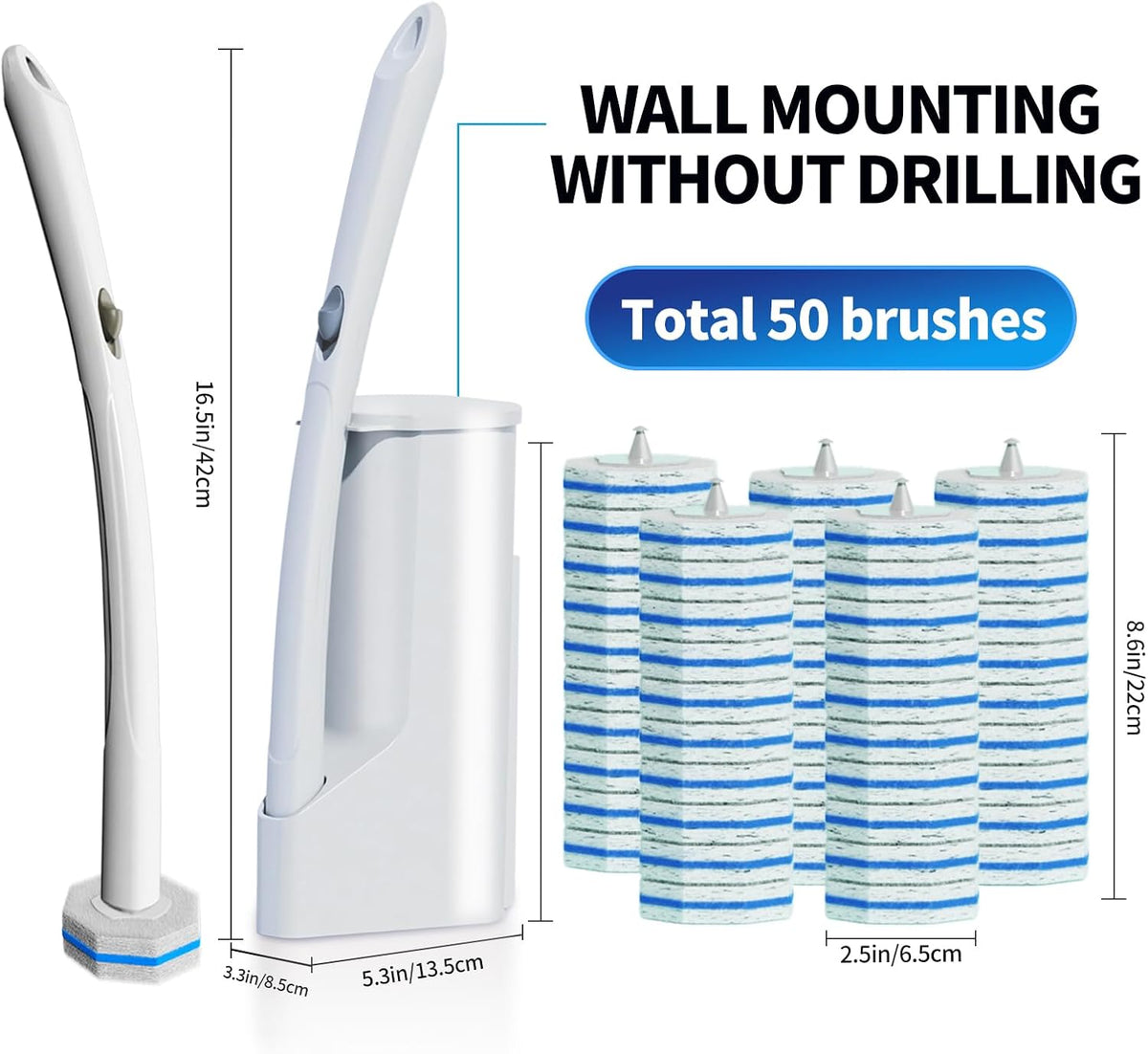 Disposable Toilet Brush Cleaning System with 50pcs Refills Pads Replacement Heads, Toilet Cleaning Stick, Wall Mounted Wand Kit Bathroom Maintenance, Toilet Bowl Cleaner Brush Holder and Set