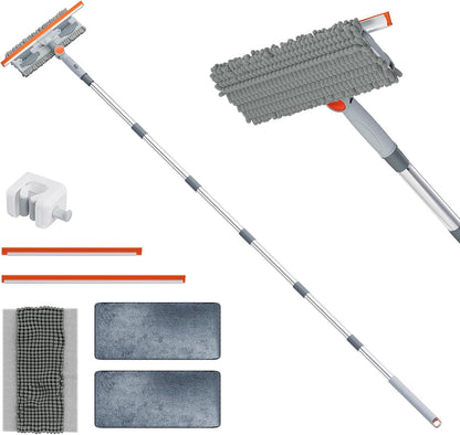 6.4FT Extendable 2-in-1 Window Washing Kit with Long Handle, 180° Rotatable Head & No-Drill Storage Holder, Streak-Free Window Squeegee for High Windows, Glass, Shower, and Car Windshield Cleaning