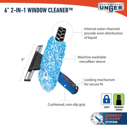 Unger Professional Connect and Clean 2-in-1 Squeegee and Scrubber, 6” Window Cleaning Tool, Commercial and Residential Use, Washer Cleaner Supplies to Remove Excess Water and Dry