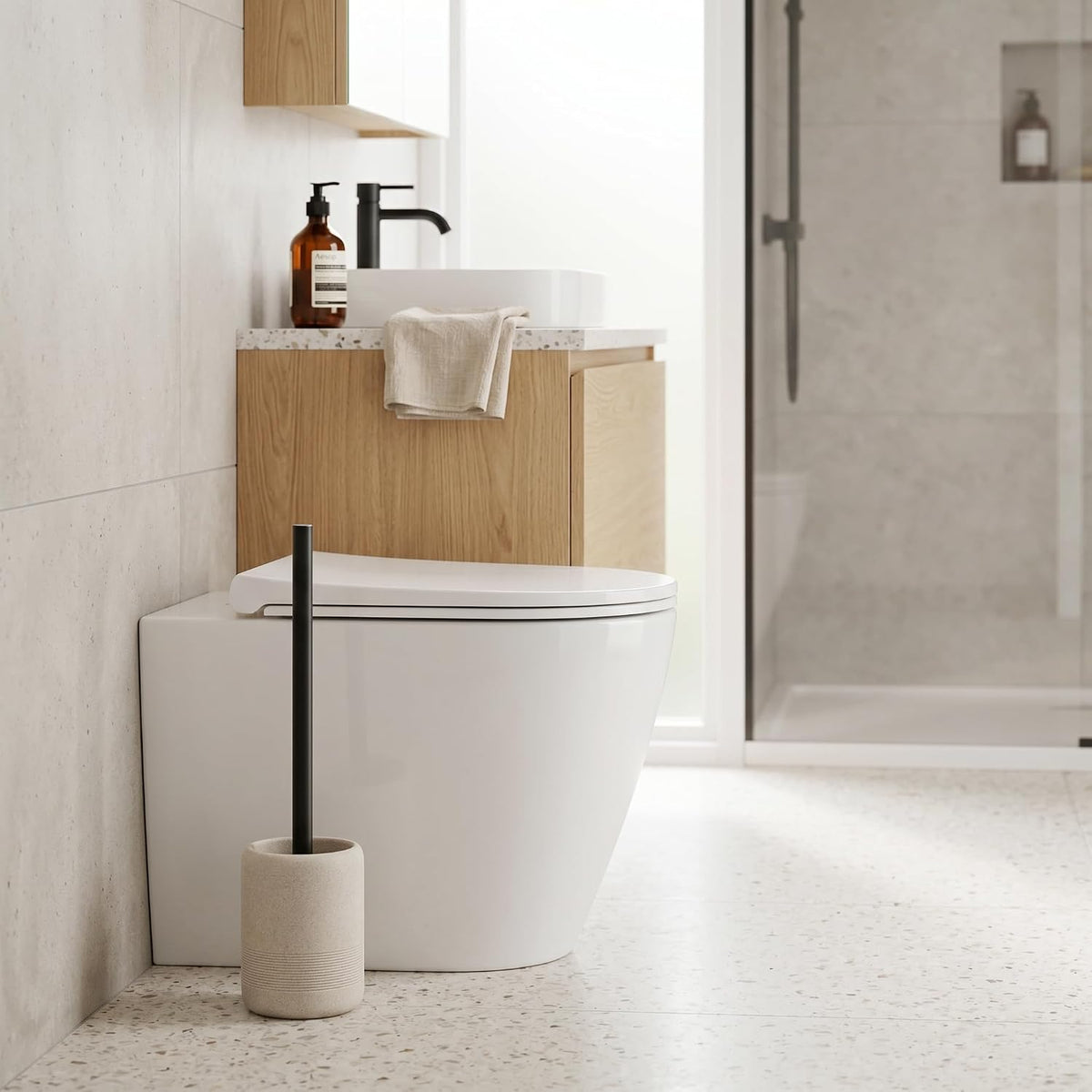 Toilet Brush and Holder Set, 2 PCS,Simple Sandstone Look,Beige