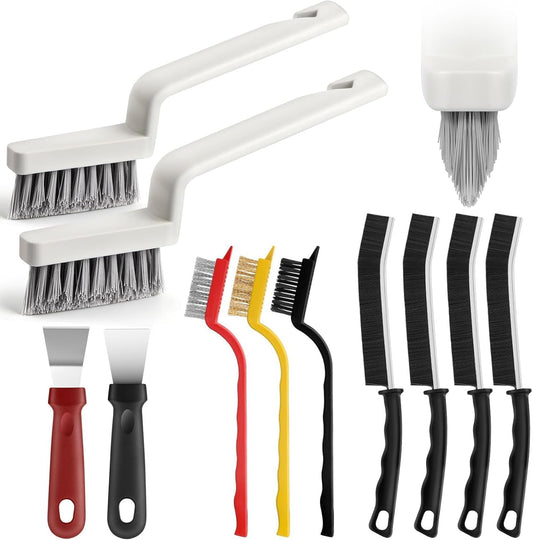 11Pcs V-Shaped Grout Cleaning Brush Set, with Stiff Bristles Crevice Cleaning Brush and Steel Scraper, Deep Cleaning Supplies for Cleaning Bathrooms, Kitchens, Tiles and Windows