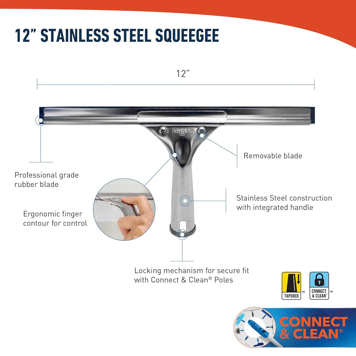 Unger Professional Stainless Steel Heavy-Duty Squeegee, 12", Silver
