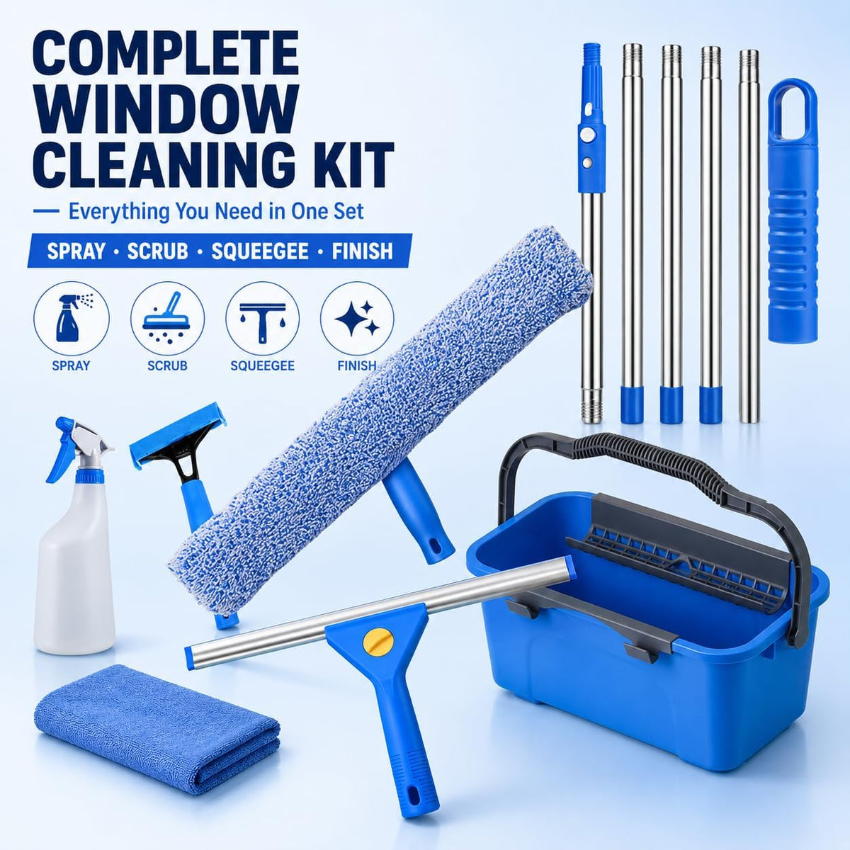 Window Cleaning Kit with 3 Gal Bucket 76" Long Handle Window Squeegee
