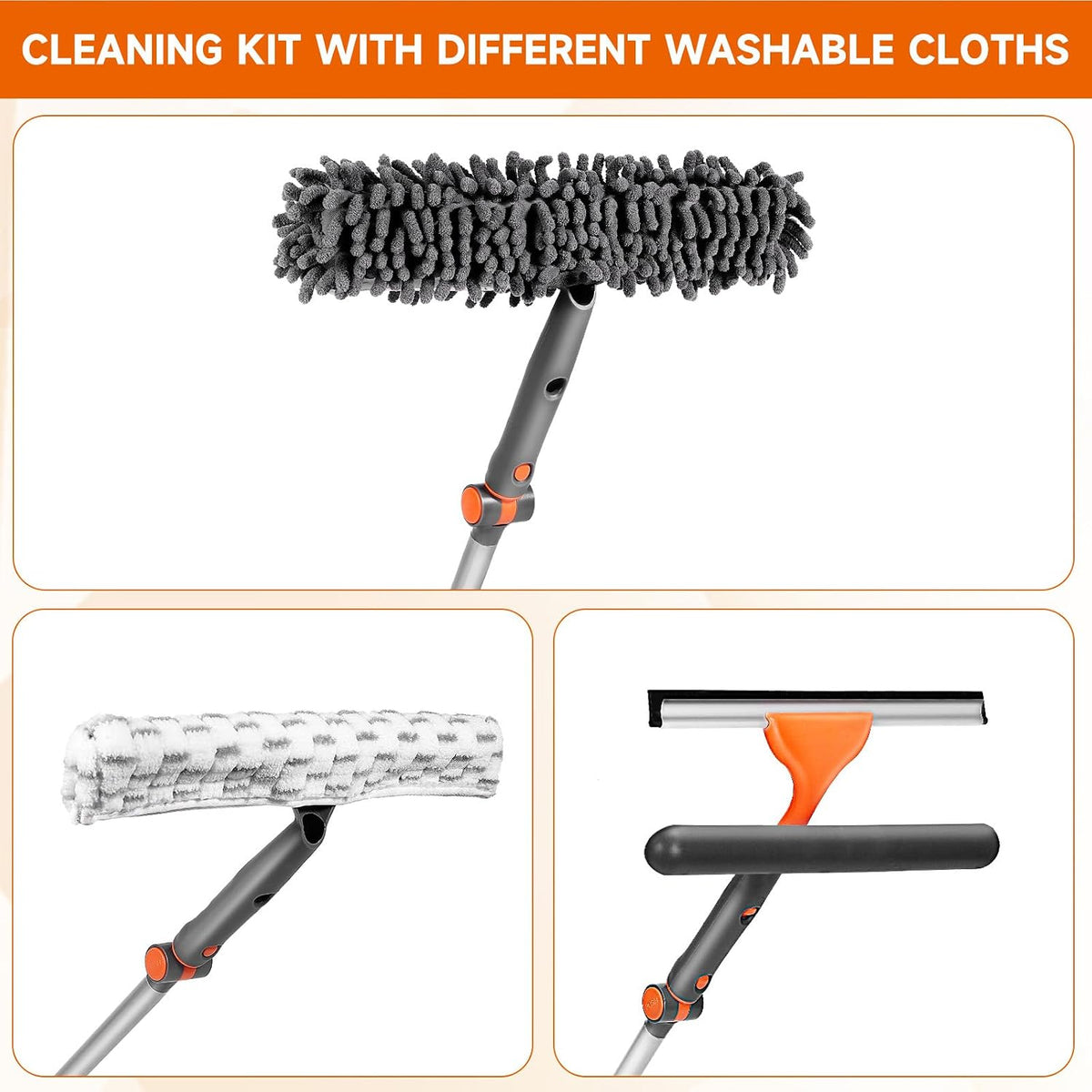 LEVELEVE Professional Window Cleaning Equipment with 62 Inch Long Handle Extension Pole, 2-in-1 Bendable Window Washer Squeegee Tool for High Indoor & Outdoor Glass (with 2 Cleaning Cloth)