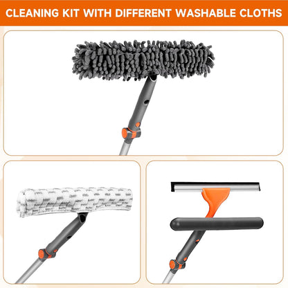 LEVELEVE Professional Window Cleaning Equipment with 62 Inch Long Handle Extension Pole, 2-in-1 Bendable Window Washer Squeegee Tool for High Indoor & Outdoor Glass (with 2 Cleaning Cloth)