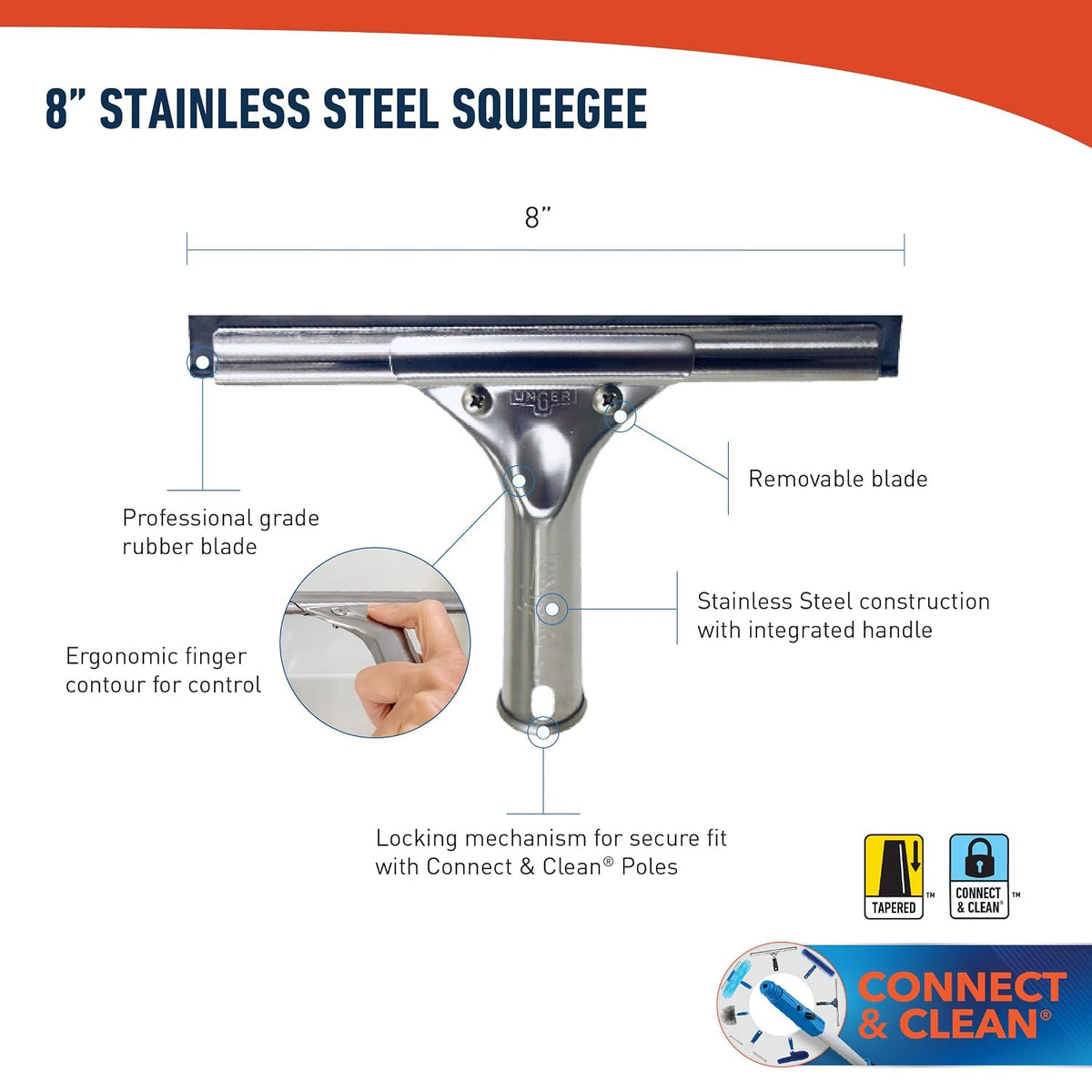 Unger Professional 8” Stainless Steel Window & Glass Cleaning Squeegee - Cleaning Supplies, Heavy Duty Squeegee for Window Cleaning, Streak Free Results