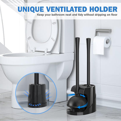 Toilet Plunger and Brush, Bowl Brush and Heavy Duty Toilet Plunger Set with Ventilated Holder, 2-in-1 Bathroom Cleaning Combo with Modern Caddy Stand for 5.7-inch Toilet Drain(Black, 2 Set)