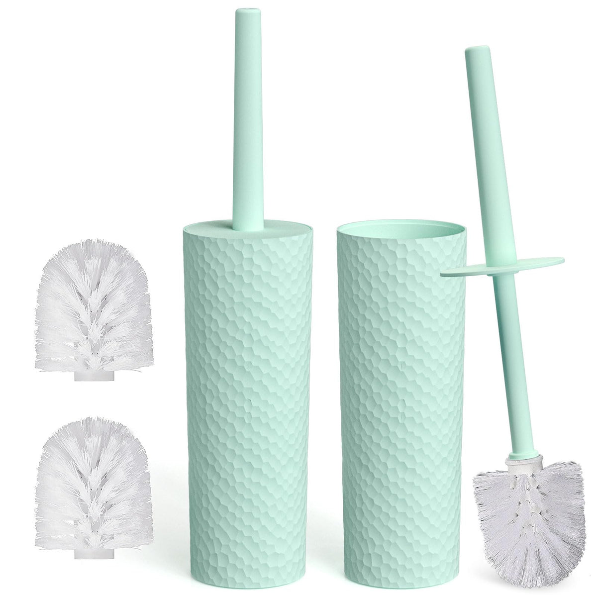 Topsky Toilet Brush & Holder Set, 2 Pack Plastic Round Barrel Loo Brush with 2 Replacement Heads, Durable for Bathroom, White