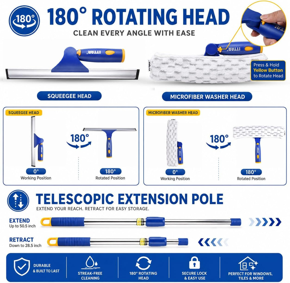 ITTAR Window Squeegee Cleaning Kit with 60" Extension Pole & Rotatable Head