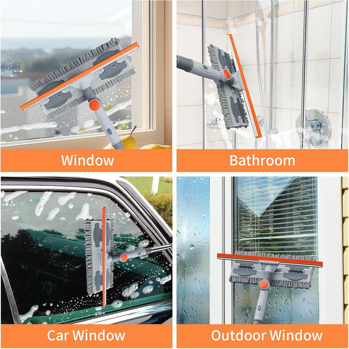 6.4FT Extendable 2-in-1 Window Washing Kit with Long Handle, 180° Rotatable Head & No-Drill Storage Holder, Streak-Free Window Squeegee for High Windows, Glass, Shower, and Car Windshield Cleaning