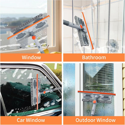 6.4FT Extendable 2-in-1 Window Washing Kit with Long Handle, 180° Rotatable Head & No-Drill Storage Holder, Streak-Free Window Squeegee for High Windows, Glass, Shower, and Car Windshield Cleaning