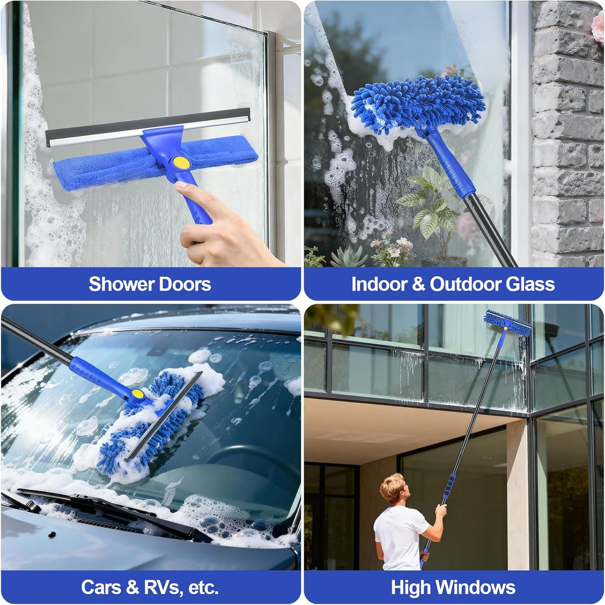 Wontolf 4-in-1 Window Squeegee, 79'' Window Cleaner Tool with Extension Pole, Window Cleaning Kit with Storage Bag, Rotatable Window Washing Kit Equipment for Home, Outdoor High Windows, Glass, Shower