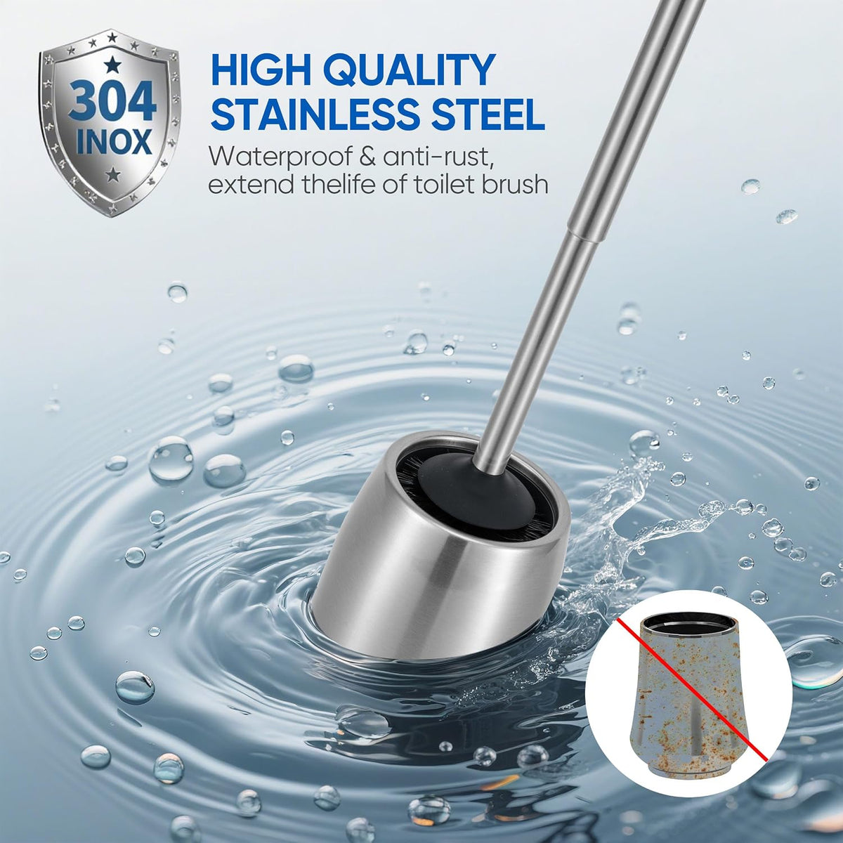 SUS304 Stainless Steel Toilet Brush and Holder Set Stain Nickle 12In Handle BristlesToilet Bowl Brush Cepillo para Baños Bathroom Brushes Cleaning Brush with Case Anti-Rust Brushed Silver