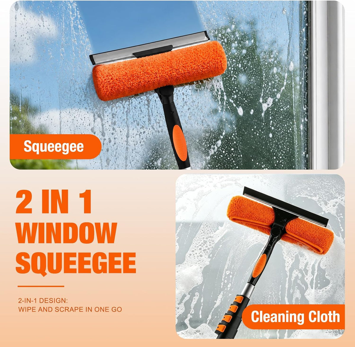 LAANPOLE 26FT Window Squeegee with Extension Pole, 2-in-1 Squeegee for Window Cleaning, Professional Cleaning Kit for Home with 20FT Telescoping Pole for Outdoor Indoor Use