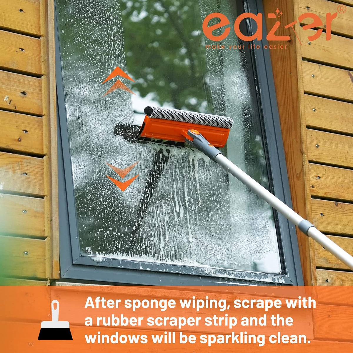 Eazer 46'' Professional Window Cleaner Tool, 2-in-1 Rotatable Squeegee for Window Cleaning Kit, Window Washing Equipment Kit with Threaded Extension Pole(20''-46'') for Shower/Windshield.