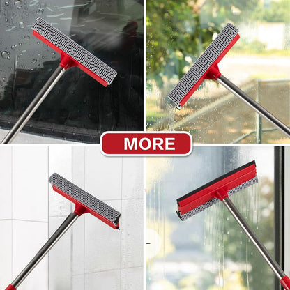 2-in-1 Window Squeegee with 30"-59" Stainless Steel Adjustable Handle - Glass Cleaner for Shower Doors, Car Windshield & High Outdoor Windows (Red)