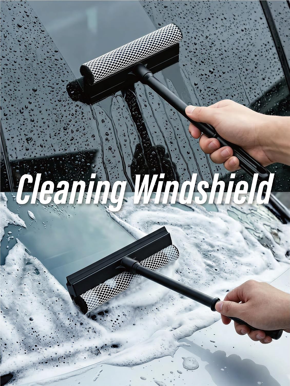 2 in1 Window Squeegee for Car, Window Cleaning Tool with 16inch Long Handle