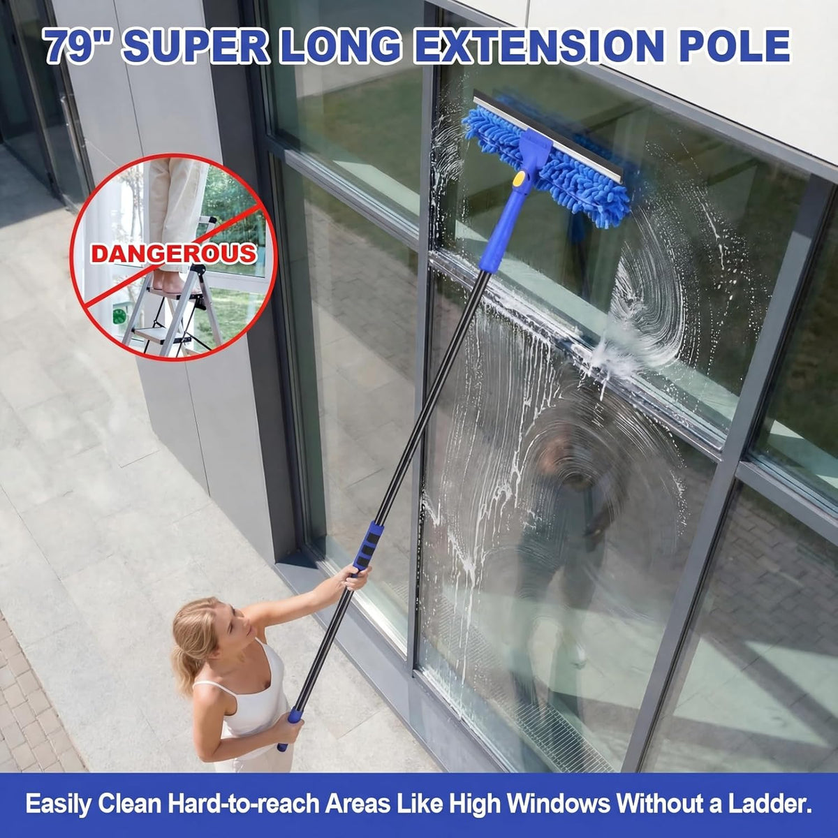 Wontolf 4-in-1 Window Squeegee, 79'' Window Cleaner Tool with Extension Pole, Window Cleaning Kit with Storage Bag, Rotatable Window Washing Kit Equipment for Home, Outdoor High Windows, Glass, Shower