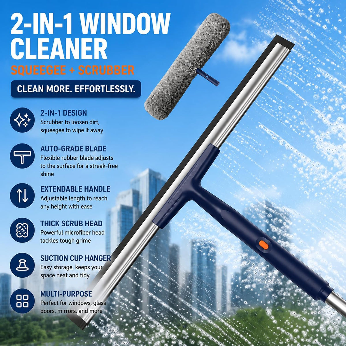 Window Squeegee Kit with Pole and Scrubber, (12" & 16" Set)