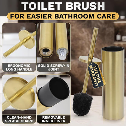 Stainless Steel Toilet Brush and Holder Set, Splash Guard (Brushed Gold)