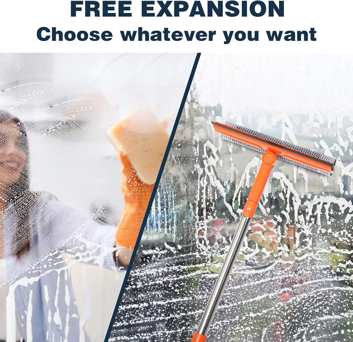 Professional Window Squeegee with 10-55" Extension Poles,2 in 1 Window Cleaner with Long Stainless Steel Handle,Sponge Car Window Squeegee for Gas Station, Glass,Shower