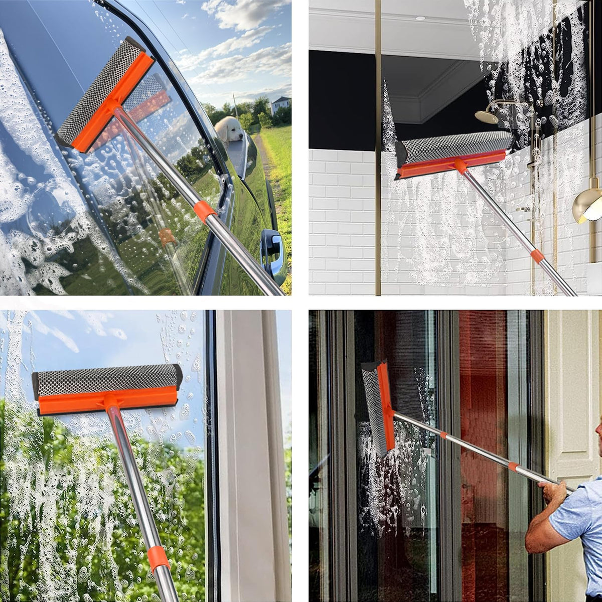 Window Squeegee for Window Cleaning, Squeegee Window Cleaner Tool 2 in 1 Car Window Cleaning Tool with Extension Pole 58‘’ Telescopic Window Washing Equipment, Shower Squeegee for Shower Glass Door