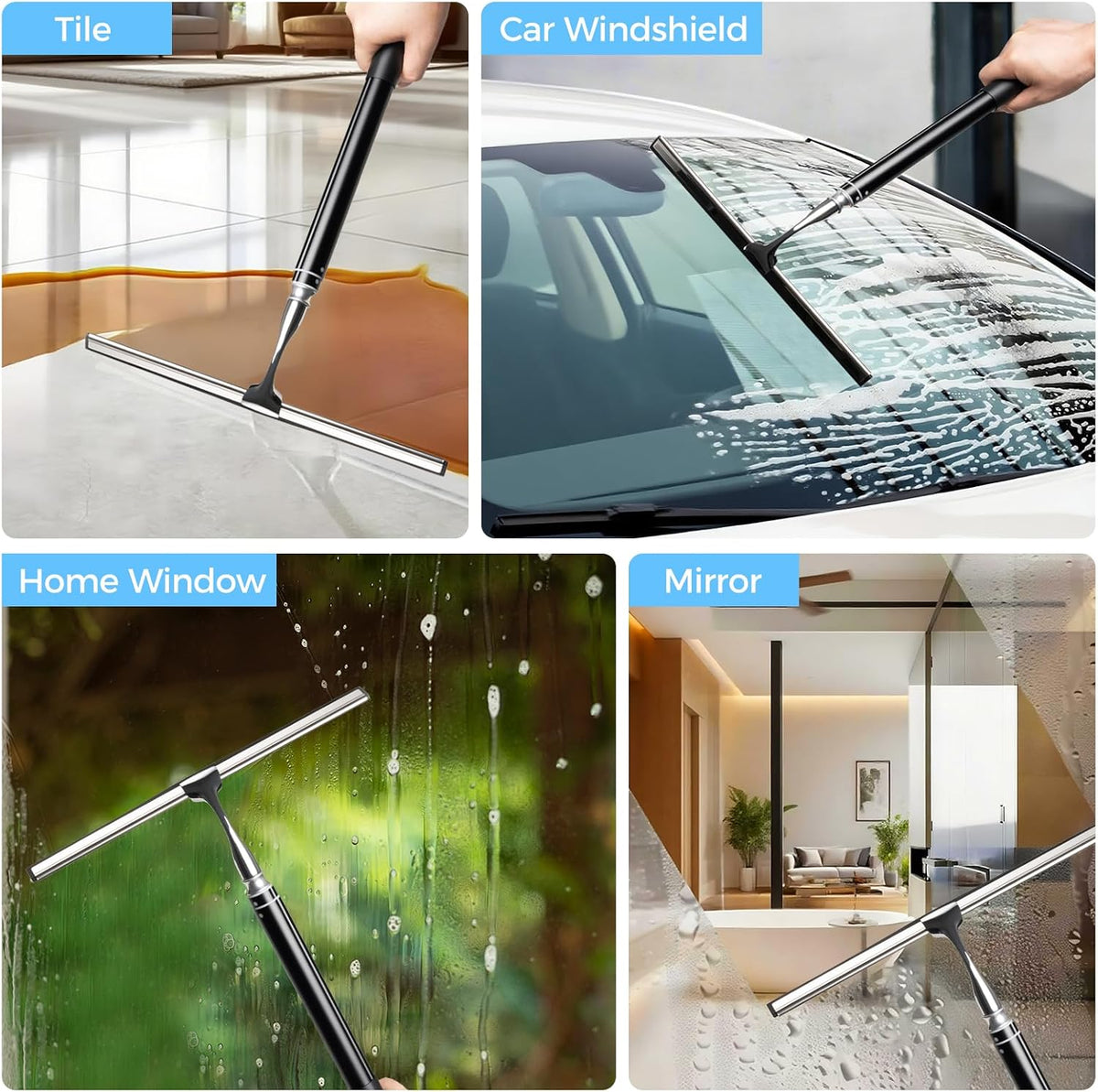17“- 60" Extendable Long Handle 2-in-1 Window Squeegee Silver