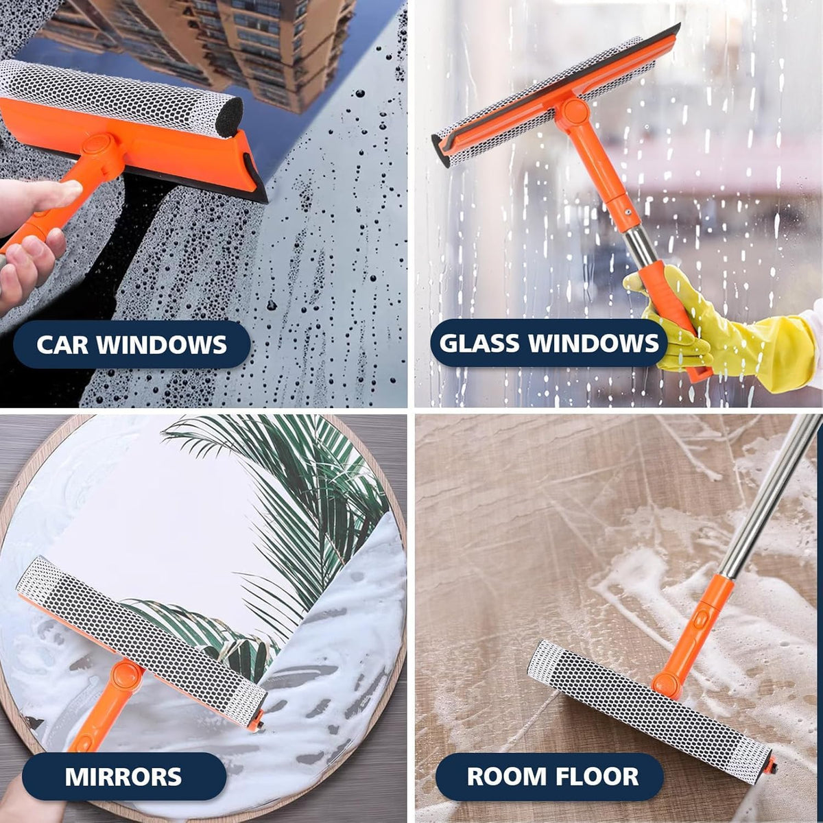 Professional Window Squeegee with 10-55" Extension Poles,2 in 1 Window Cleaner with Long Stainless Steel Handle,Sponge Car Window Squeegee for Gas Station, Glass,Shower