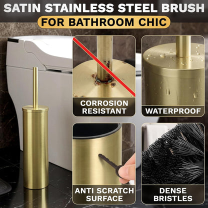 Stainless Steel Toilet Brush and Holder Set, Splash Guard (Brushed Gold)