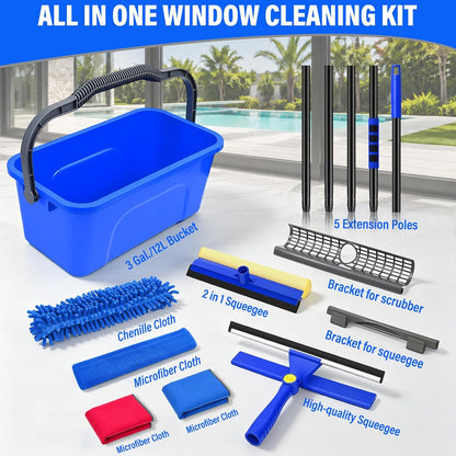 Wontolf 13pcs Window Cleaning Kit with Bucket 3 Gallon, 2-in1 Window Squeegee with 79" Long Handle, Professional Window Washing Equipment Cleaner Tool for Home Outdoor Commercial Use