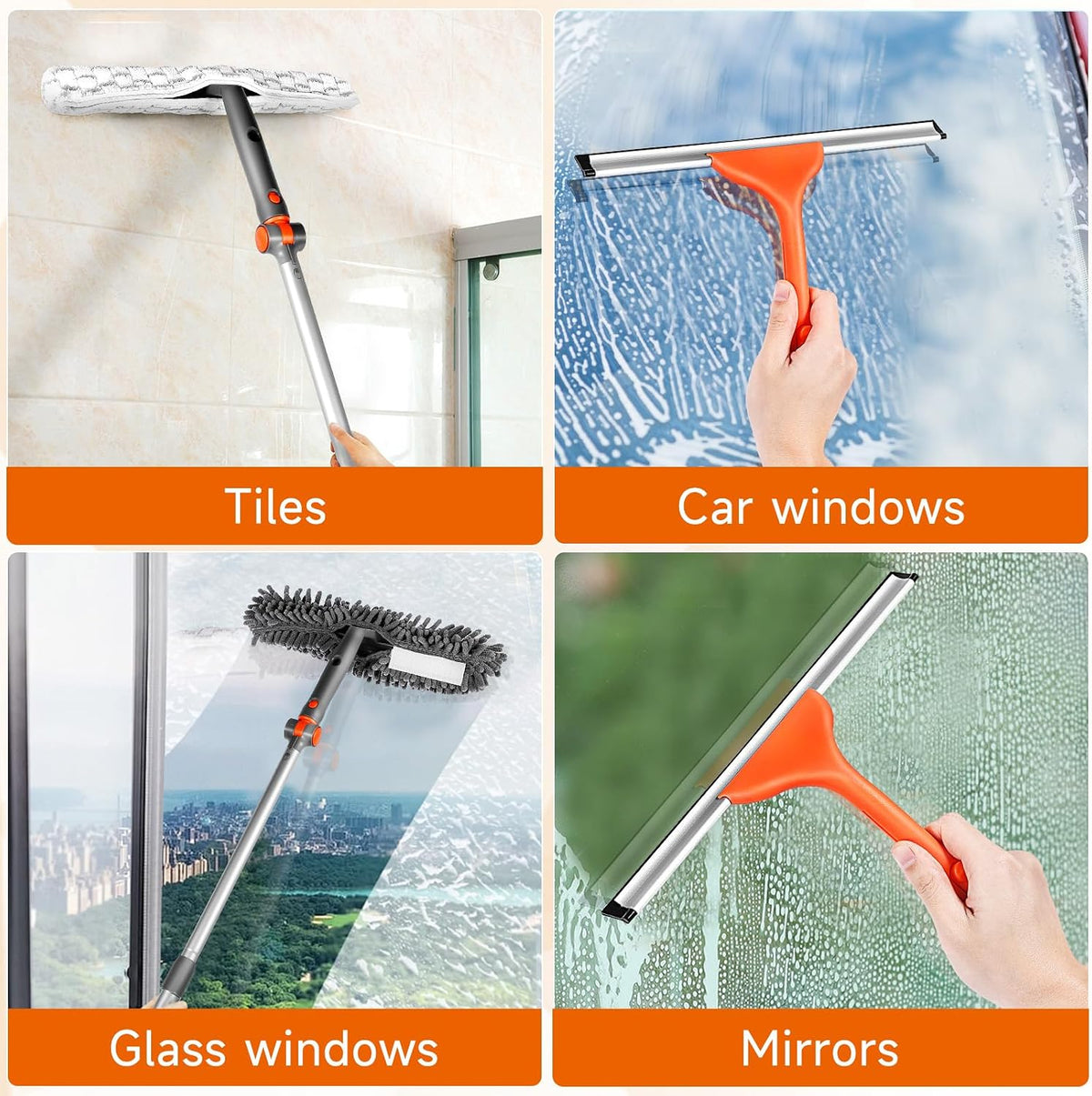 LEVELEVE Professional Window Cleaning Equipment with 62 Inch Long Handle Extension Pole, 2-in-1 Bendable Window Washer Squeegee Tool for High Indoor & Outdoor Glass (with 2 Cleaning Cloth)