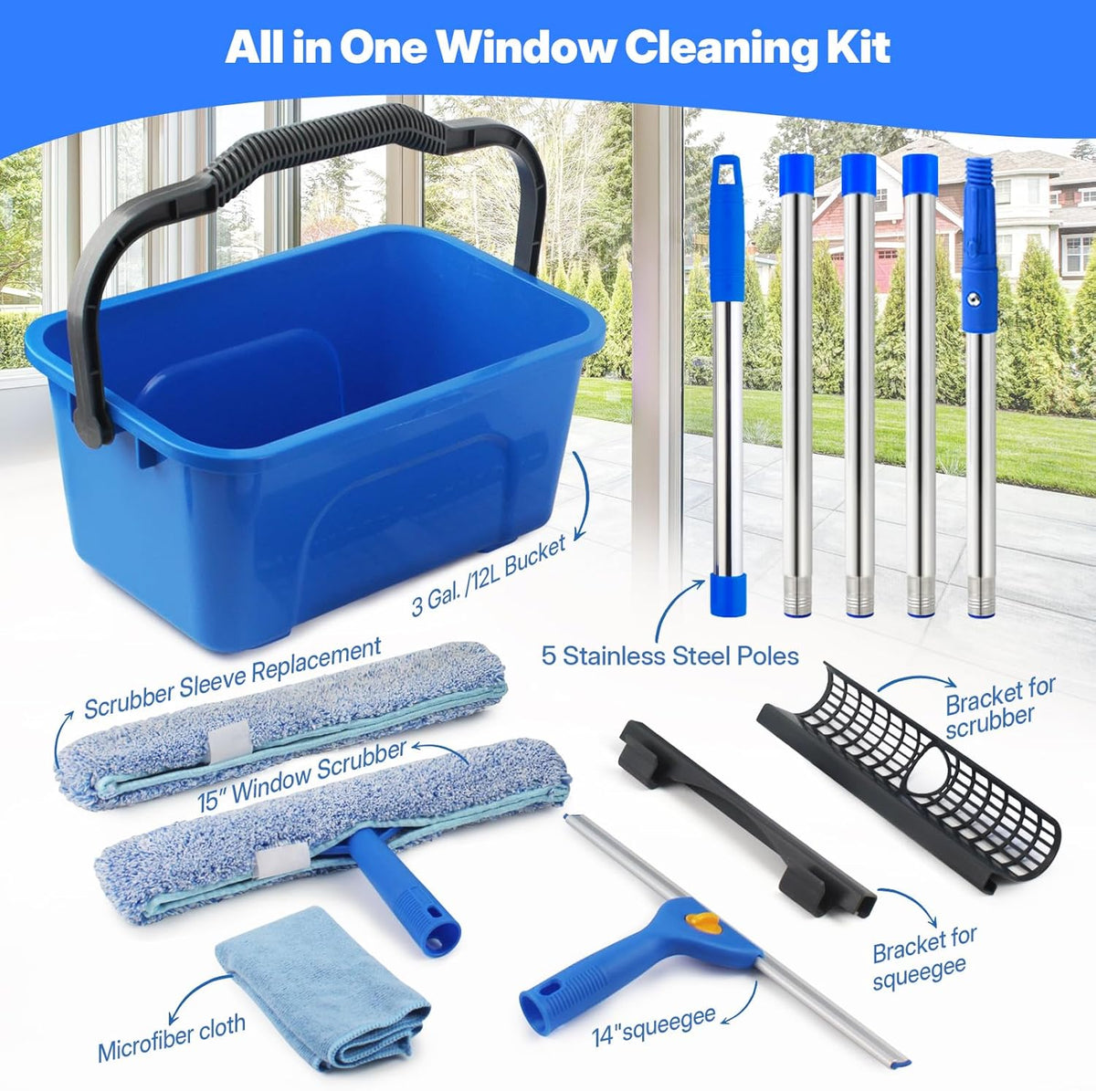 Window Cleaning Kit with Bucket, Squeegee and Scrubber for Home, Commercial